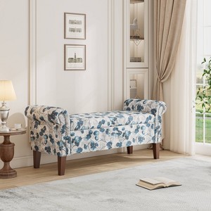 Handy Living Wallen Traditional Rolled Arm Storage Bench with Nailheads Floral Bonsai Blue - 1 of 4