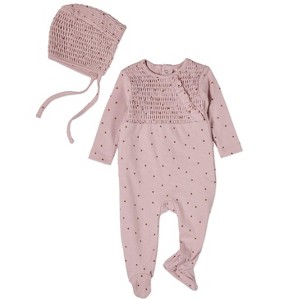 MiniMoi 2 Piece Baby Girls "Sweet Cherry" 100% Cotton Smocked Footie Set - 1 of 4