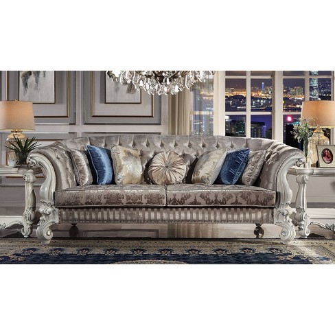 99" Versailles Sofa Ivory Fabric and Bone White Finish - Acme Furniture: Crescent-Shaped, Nailhead Trim, No Assembly Required - image 1 of 4