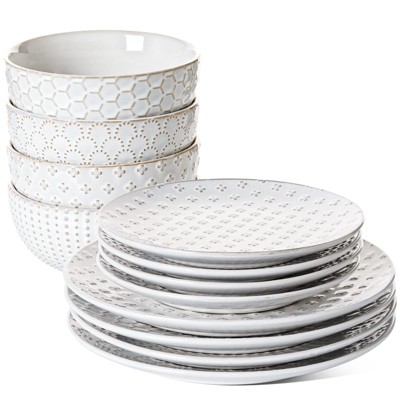 Itopfox 12-Piece Ceramic Dinnerware Set, Includes Plates and Bowls, Oven Safe, Stackable, Ideal for Housewarming Gifts - Arctic White