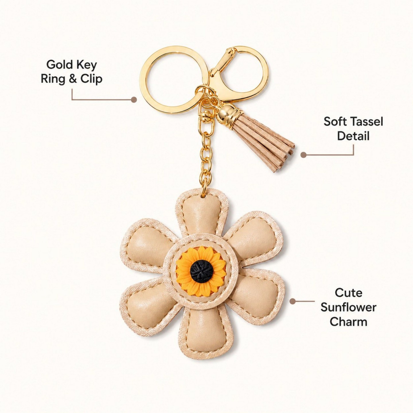 Alilang Women's Faux Leather Sunflower Bag Charm Keychain Beige Floral Purse Accessory with Tassel - White, цвет: Бежевый — фото 4
