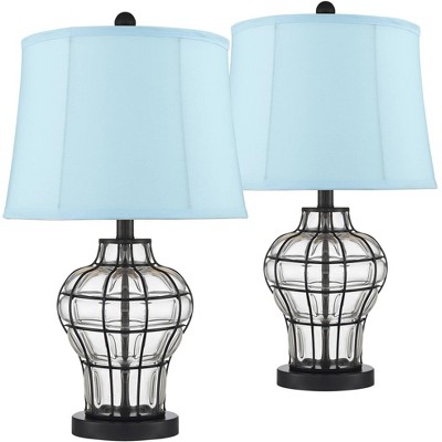 360 Lighting Country Cottage Table Lamps Set of 2 Bronze Metal Glass Blue Softback Linen Drum Shade for Living Room Bedroom House