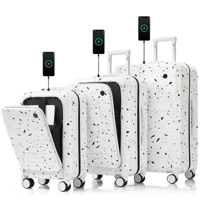 3-Piece Hardshell Luggage Set (20"/24"/28"),Lightweight Suitcase with USB Port,20" 24" Front Opening Carry-On Suitcase with Cup Holder–Cuddlewood