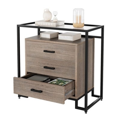 Senfot 3 Drawer Dresser, Wood Dresser Chest with Wide Storage Space, Steel Frame & Tempered Glass Top
