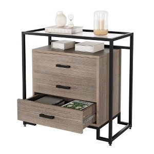Senfot 3 Drawer Dresser, Wood Dresser Chest with Wide Storage Space, Steel Frame & Tempered Glass Top - 1 of 4