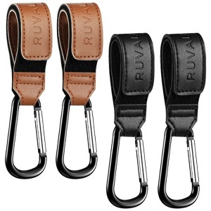 RUVALINO Leather Stroller Hooks for Diaper Bags - Heavy Duty Vegan PU Straps and Carabiner Clips for Shopping Cart, Wheelchair - 4-Pack, Black & Brown - 1 of 4