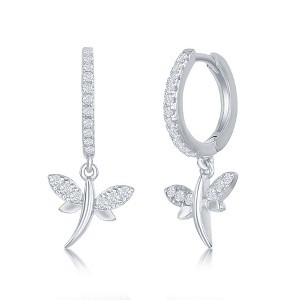 Bella Silver Sterling Silver Small Huggie Hoop CZ Dragonfly Earrings - Silver - 1 of 2