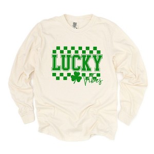 Simply Sage Market Women's Lucky Vibes Checkered Long Sleeve Garment Dyed Tee - 1 of 4