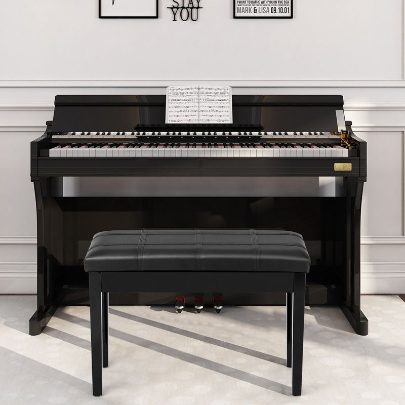 Costway Solid Wood PU Leather Piano Bench Padded Double Duet Keyboard Seat Storage Black, 3 of 10