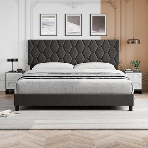 Grey/Beige/Pink Upholstered Platform Bed Frame with Height-Adjustable Fabric Headboard, Heavy-Duty Wood Slat Support, No Box Spring Needed - 1 of 4