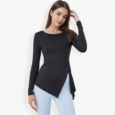 Anna-Kaci Active Women's Long Sleeve Asymmetrical Hem Crew Neck Top with Stylish Side Slit