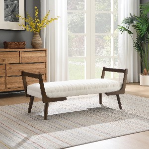 Lyngins Mid Century Modern Ottoman Bench with Walnut Wood Leg, Channeled Upholstered Footrest, Tufted Fabric Bed Bench, Chenille Entryway Bench - 1 of 4