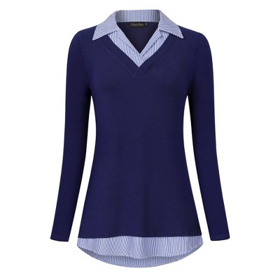 Clearlove Women's Long Sleeve V Neck Contrast Collar Shirt A-line Pleated Office Tunic