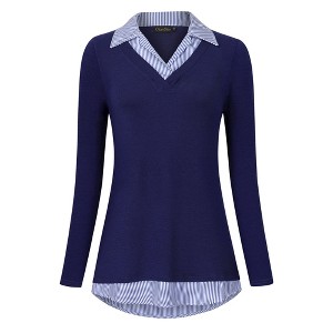 Clearlove Women's Long Sleeve V Neck Contrast Collar Shirt A-line Pleated Office Tunic - 1 of 4