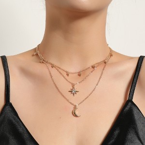 HTUTWOO Layered Star Moon Choker Necklace, Gold Crystal Starburst Pendant Necklace, Crescent Station Bead Chain Necklace, Jewelry for Women - 1 of 4