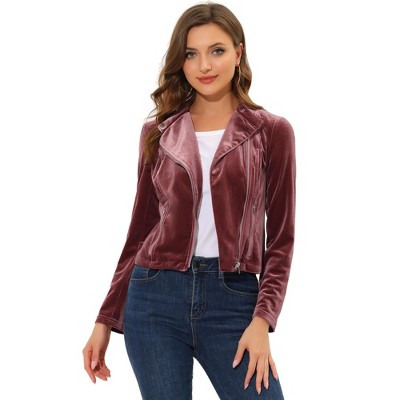 Allegra K Women's Velvet Long Sleeve Zipper Short Moto Jackets