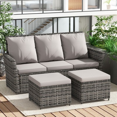 TiramisuBest 3-Piece Outdoor PE Wicker Patio Furniture Set with 2 Ottomans, All-Weather Conversation Set for Porch/Backyard/Balcony (Light Gray)