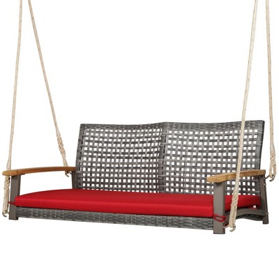 Tangkula Rattan Patio Porch Swing 2-Person Cushioned Swing Chair Bench
