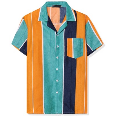 Lars Amadeus Men's Short Sleeves Button Down Summer Color Block Printed Shirt