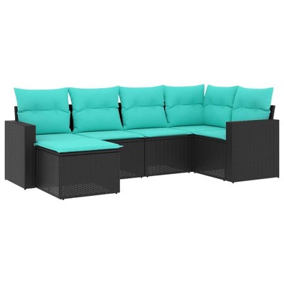 vidaXL 6 Piece Patio Sofa Set with Cushions - Black and Blue Without Table