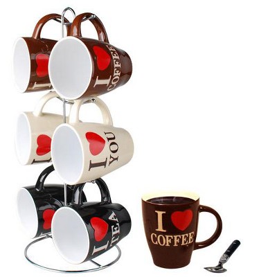 Home Basics I Love Coffee 6 Piece Mug Set with Stand