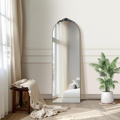 Arched Full Length Mirror, 64"x21" Floor Mirror with Stand, Full Body Mirror and Removable Wood Art Carving for Bedroom Living Room, Black