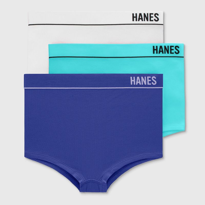 Hanes Women&#39;s 3pk Original Ribbed Boy Shorts - Teal/Indigo/White, 1 of 5