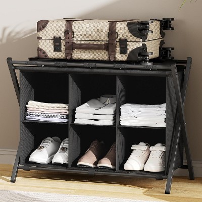 Heybly Luggage Rack for Guest Room, Set of 2, Folding Suitcase Stand with Fabric Storage Shelf
