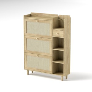 GlasFlength Utility Storage Cabinets Bohemian Style Shoe Storage Cabinet with Rattan Drawers for Entryway Hallway, Beige, 36.6"*9.3"*49.2" - 1 of 4