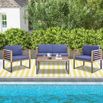 Costway 4pcs Patio Acacia Wood Chair Table Loveseat Cushioned Furniture Set Outdoor Navy
