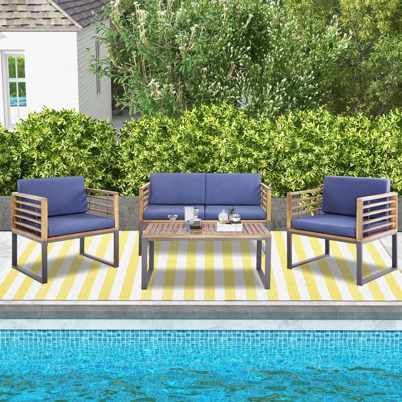 Costway 4pcs Patio Acacia Wood Chair Table Loveseat Cushioned Furniture Set Outdoor Navy, 1 of 10