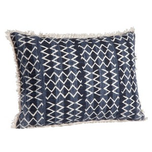 Gulches Fun Fringed Lumbar Throw Pillow - Handmade India Cotton Blend, Textured Stripes/Geometric Motifs, Zippered Cover, Plush Insert, Navy/White - 1 of 4
