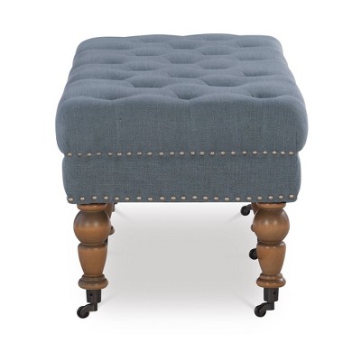 62" Washed Blue Linen Upholstered Traditional Bench