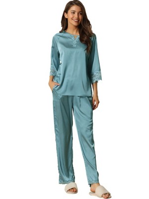 cheibear Womens Satin Sleepwear Lounge with Pants Nightwear 3/4 Sleeves Pajama Set