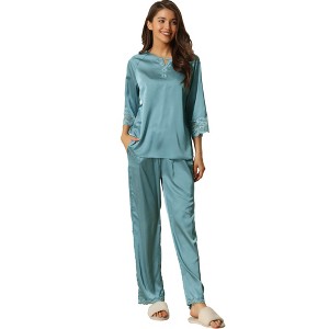 cheibear Womens Satin Sleepwear Lounge with Pants Nightwear 3/4 Sleeves Pajama Set - 1 of 4