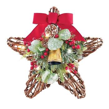 Collections Etc LED Lighted Rustic Christmas Holiday Wall Star with Bow Accent