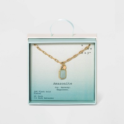 Silver Plated Gold Dipped Paperclip Chain and Semi-Precious Stone 18" Pendant Necklace - A New Day™ Amazonite Stone