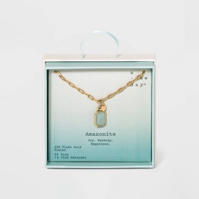 Silver Plated Gold Dipped Paperclip Chain and Semi-Precious Stone 18" Pendant Necklace - A New Day™ Amazonite Stone