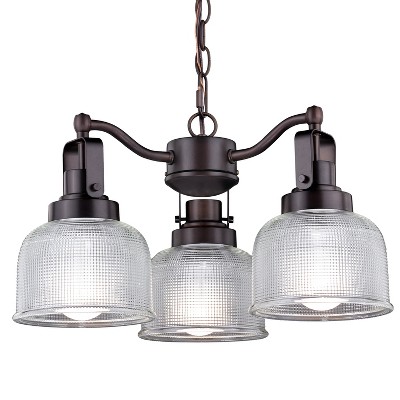 VAXCEL Roland 3 Light Oil Rubbed Bronze Industrial Mini Chandelier Clear Prism Glass Shades
