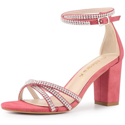 Allegra K Women's Rhinestones Crisscross Strap Strappy Chunky Heel Sandals