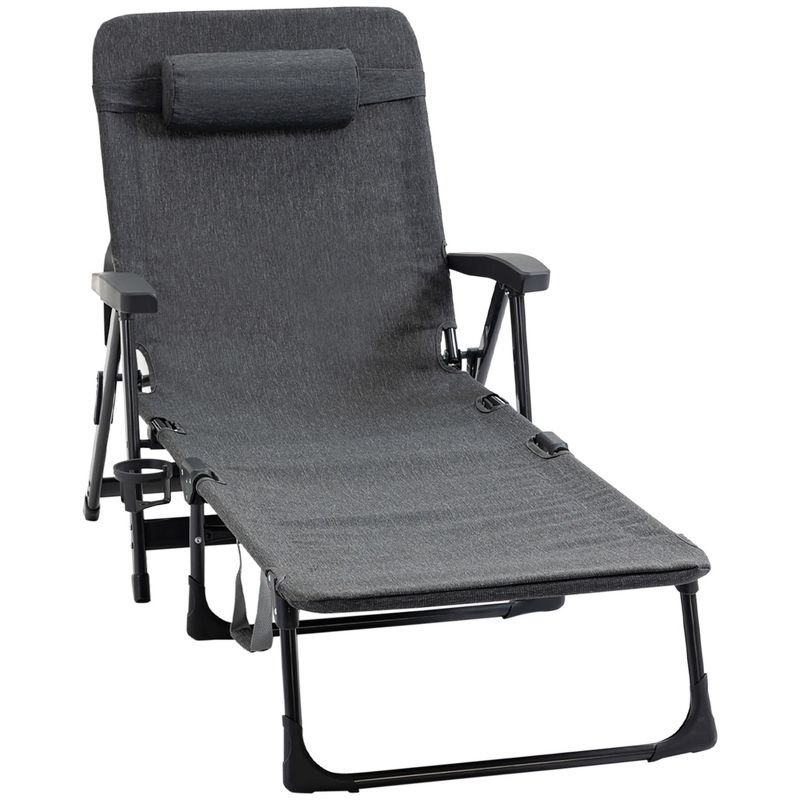Outsunny Outdoor Folding Chaise Lounge Chair, Mesh Fabric Pool Chair with Adjustable Backrest, Pillow and Cup Holder for Poolside, Deck, Gray, 4 of 7