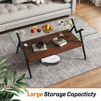 MAYEERTY Mordern Glass Coffee Table, Rectangle Tempered Glass Table, 2-Tier Center Table with Glass Top Metal Leg