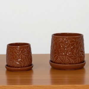 KTMBDW Ceramic Planter Pot Set of 2, Modern Flowerpot with Drainage Hole and Saucer, Embossed Leaf Design Flowerpot for Patio, Garden - 1 of 4