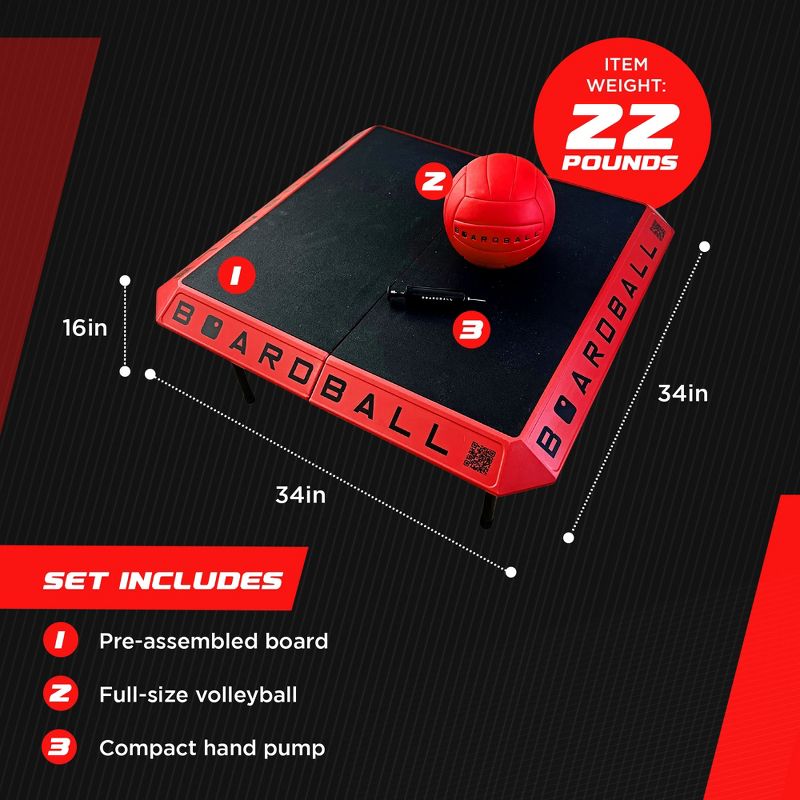 Boardball Sport Portable Foldable Indoor Outdoor Boardball Set with Rubberized Top Surface Board, Volleyball, and Compact Hand Pump, Red and Black, 3 of 8