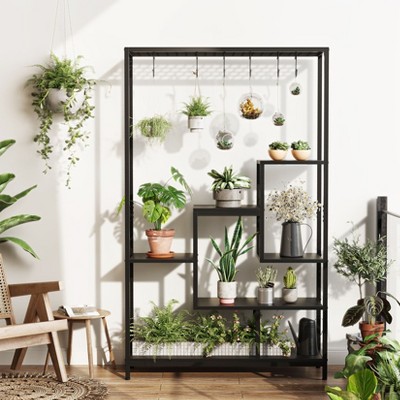 71" Tall 5-Tier Plant Stand with Hanging Hooks, Large Metal & Wood Indoor Plant Shelf for Living Room, Balcony, Garden