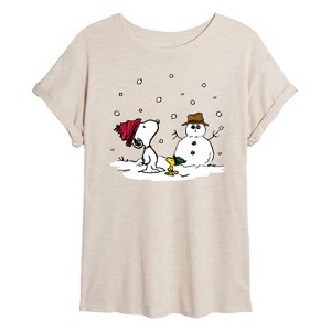 Women's - Peanuts - Snoopy and Woodstock Snowman Oversized Graphic T-Shirt - 1 of 4