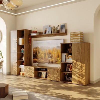 FUFU&GAGA Bookshelves Storage Cabinet Entertainment Wall Unit with Tall Cabinets and Long TV Shelf, Adjustable Modular Layout