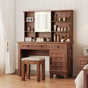 EcoSummer Farmhouse Makeup Vanity Desk with Lighted Mirror, Charging Station & Solid Wood Stool, Glass-Top Dressing Table with Drawers, Retro Brown - 1 of 4