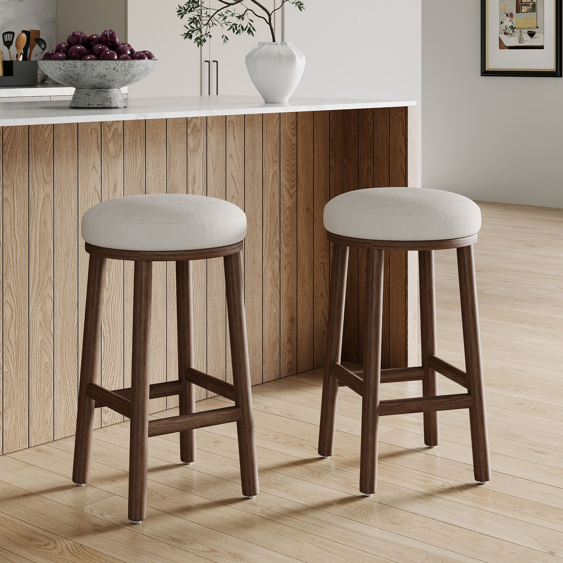 Christopher Knight Home Patsy Modern Minimalist Rubberwood Upholstered Counter Stools (Set of 2), Walnut/Beige