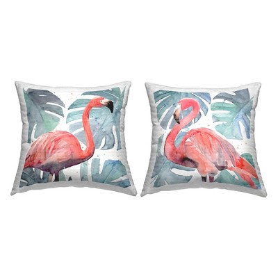 Stupell Industries Tropical Pink Flamingo Green Monstera Leaves